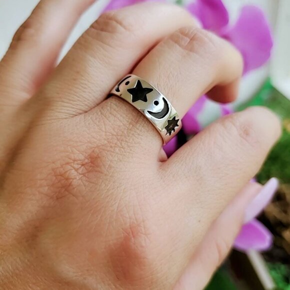 Moon Star Ring Band, Celestial Ring, Crescent Ring, Sterling Silver Women Ring, - Picture 9 of 9